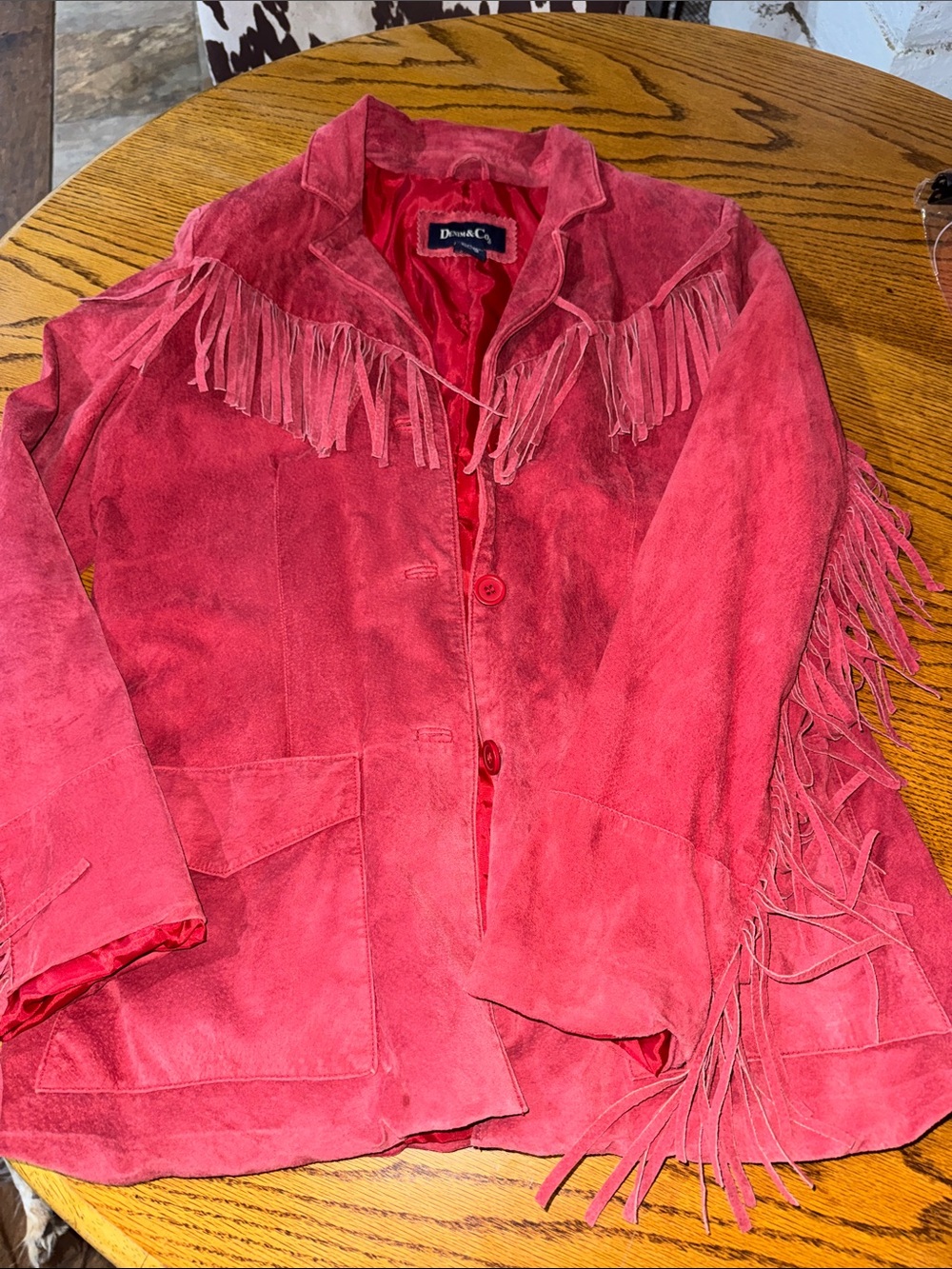 Denim&Co Red leather Fringe Jacket